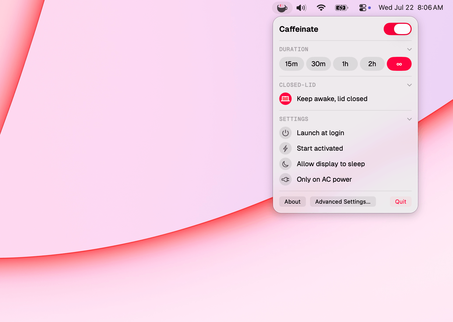 The Caffeinate panel open in the macOS menu bar